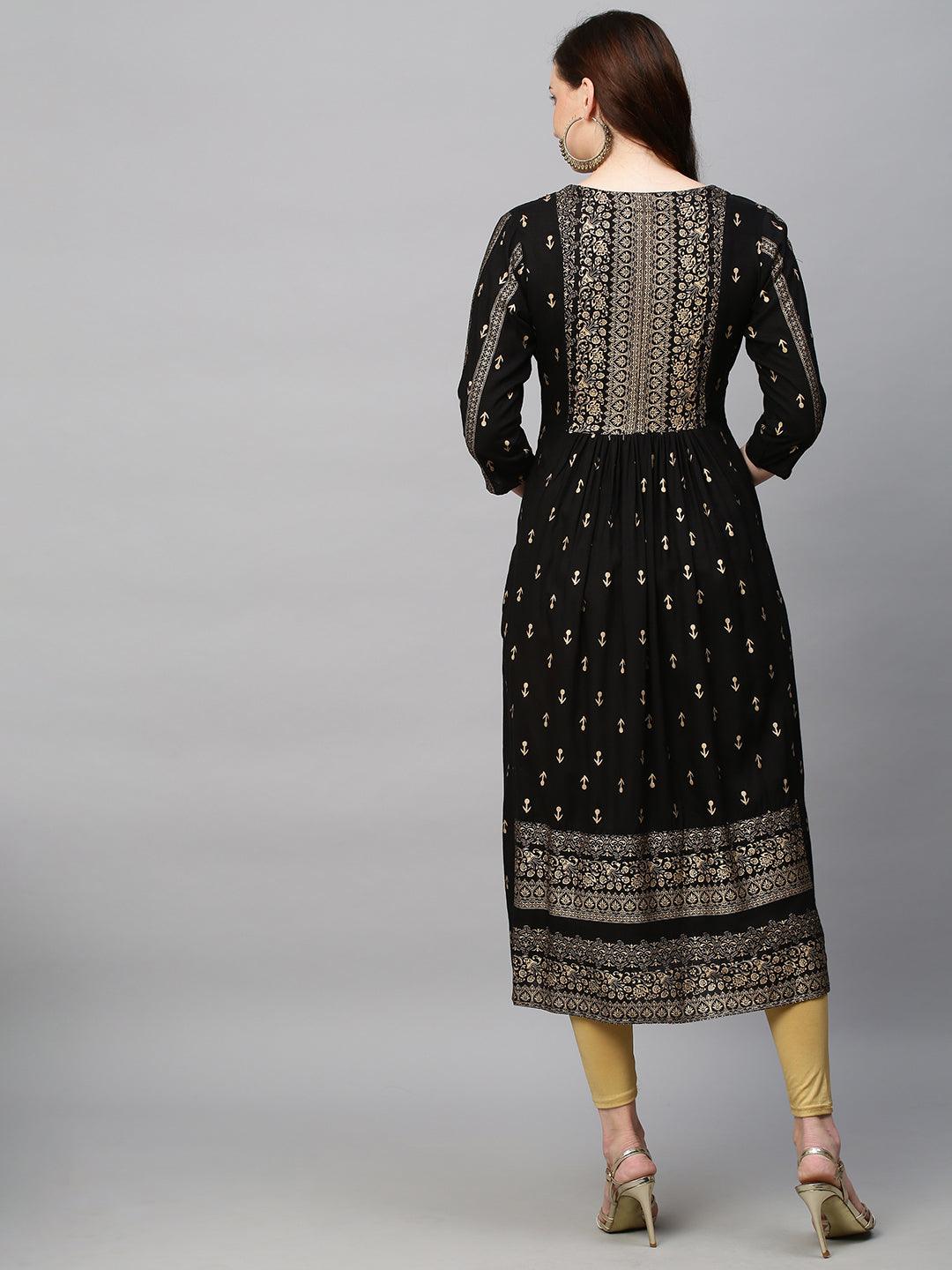 Ethnic Printed & Hand Embroidered A-Line Kurta - Black - Indiakreations