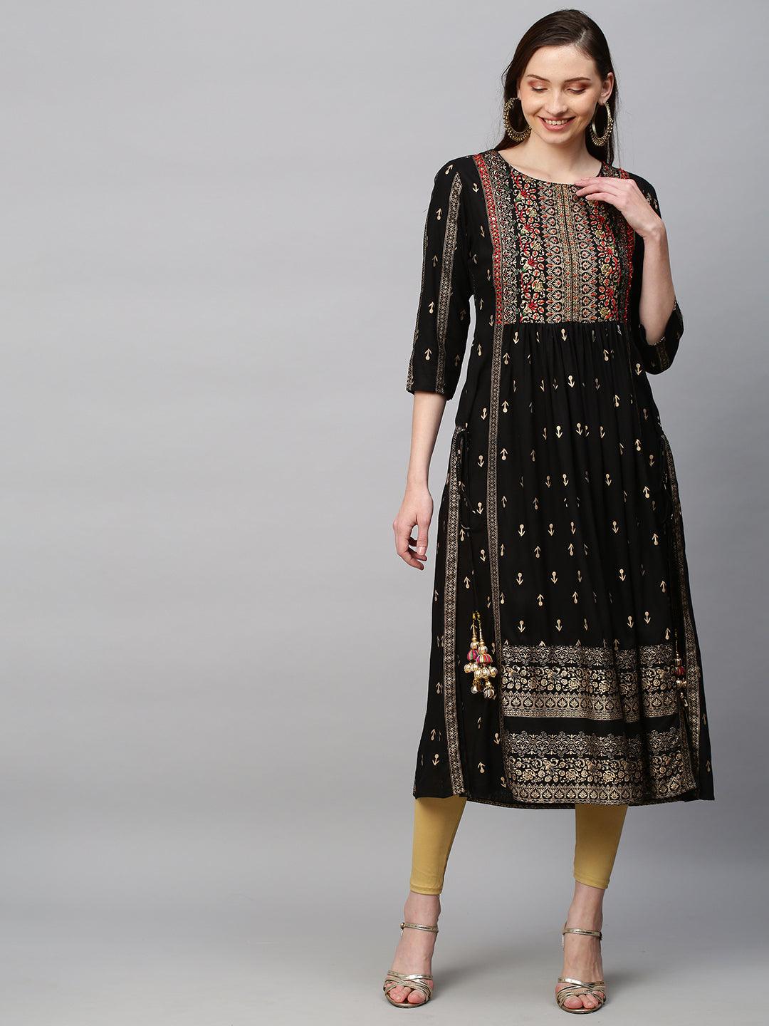 Ethnic Printed & Hand Embroidered A-Line Kurta - Black - Indiakreations