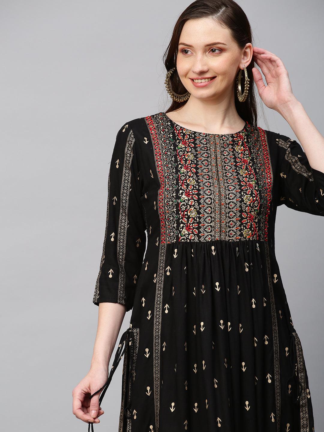 Ethnic Printed & Hand Embroidered A-Line Kurta - Black - Indiakreations