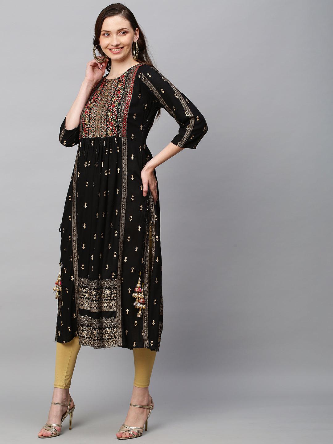 Ethnic Printed & Hand Embroidered A-Line Kurta - Black - Indiakreations