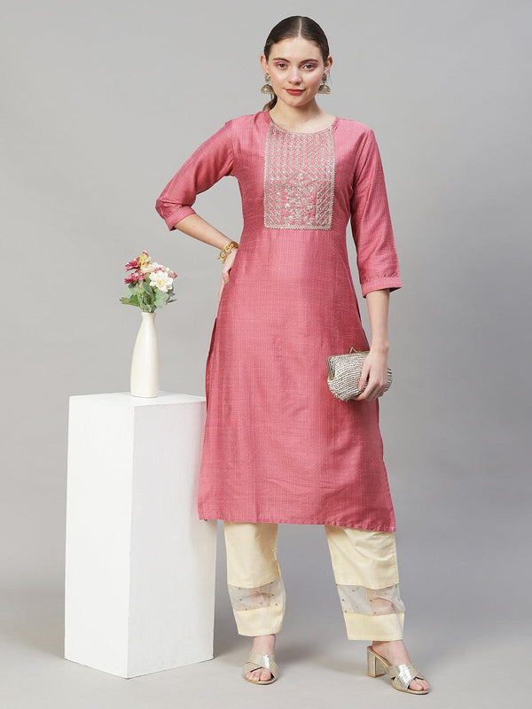 Ethnic Stripes Printed & Embroidered Straight Fit Kurta - Pink - Indiakreations