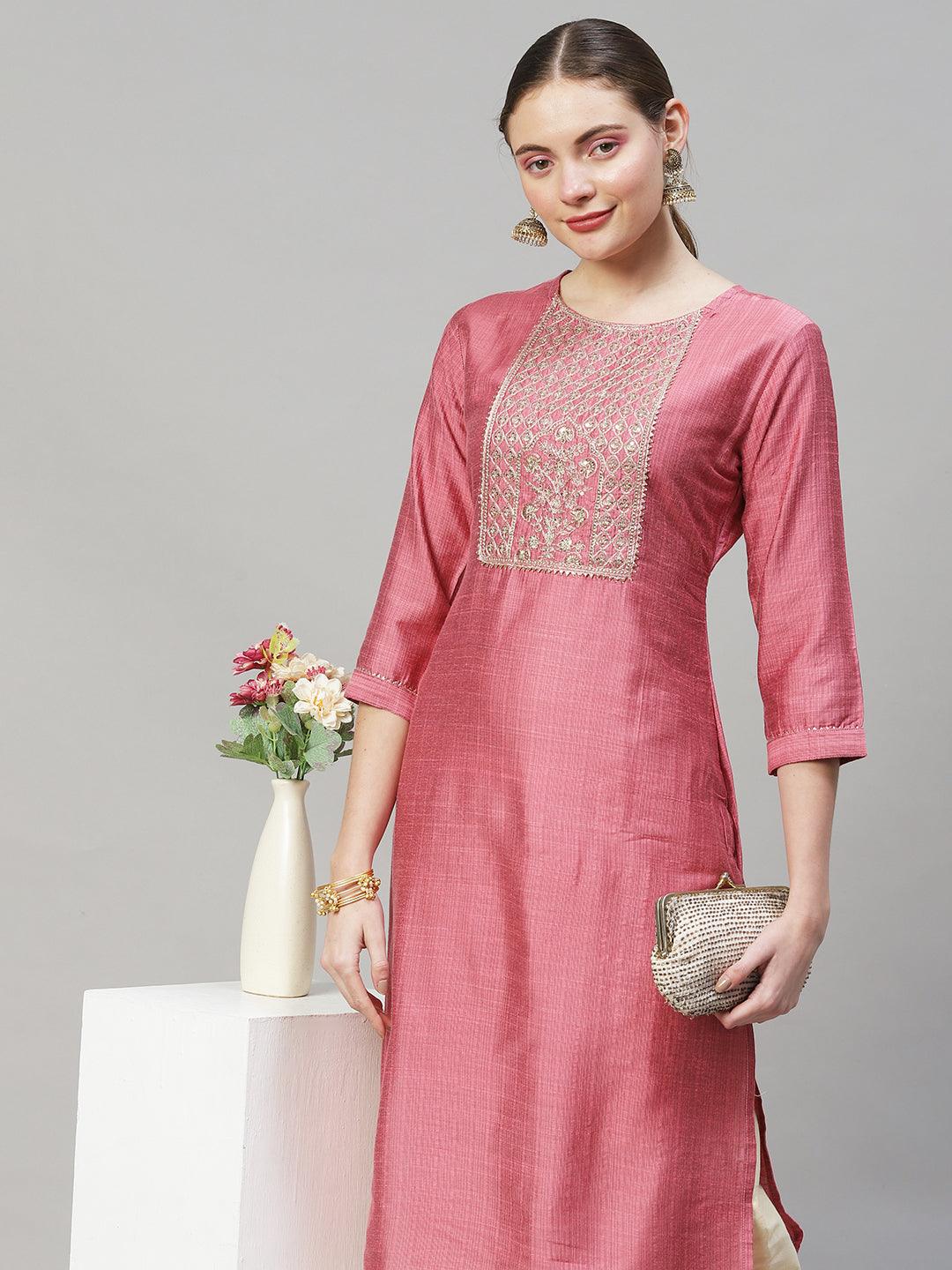 Ethnic Stripes Printed & Embroidered Straight Fit Kurta - Pink - Indiakreations