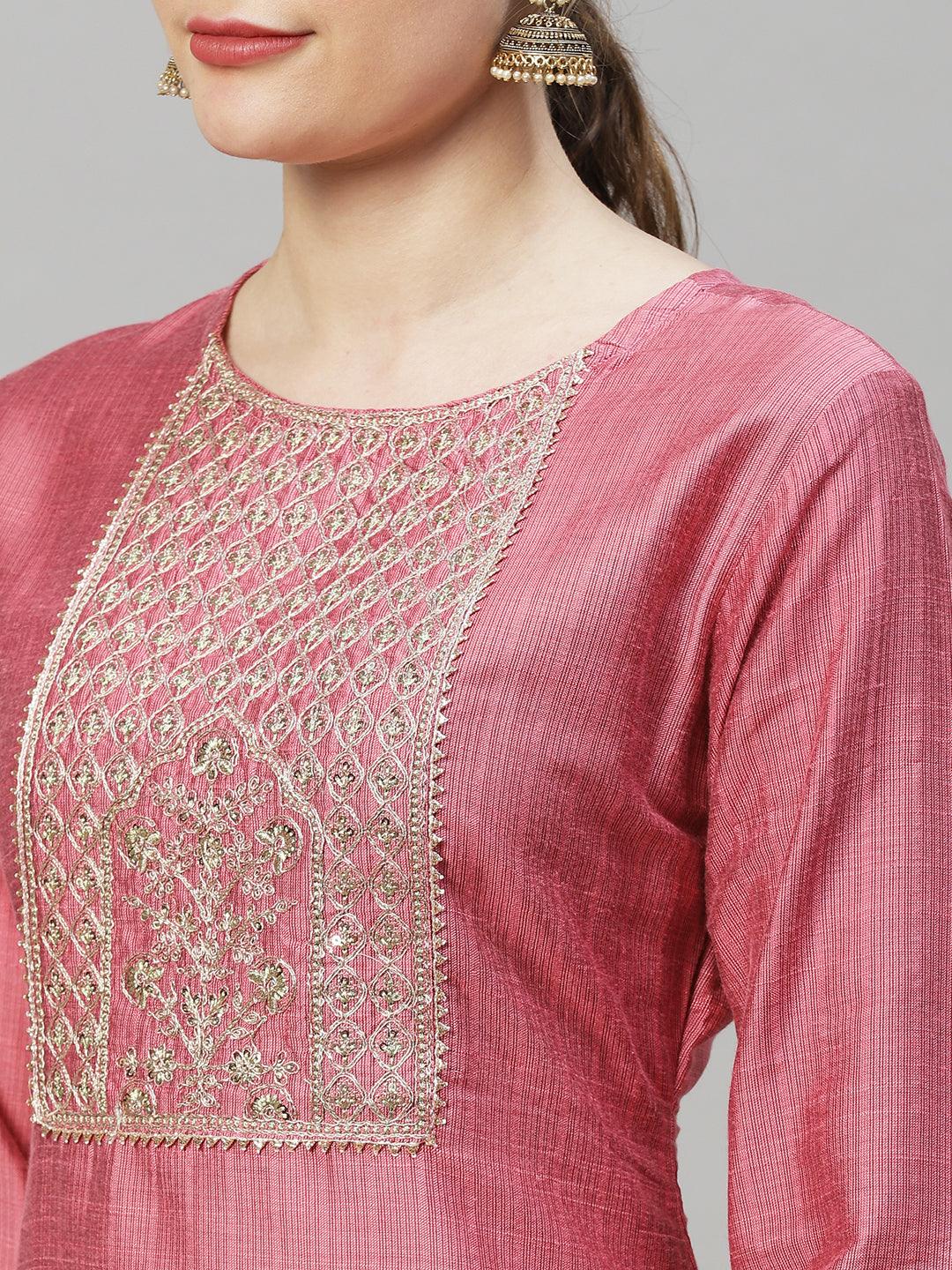 Ethnic Stripes Printed & Embroidered Straight Fit Kurta - Pink - Indiakreations