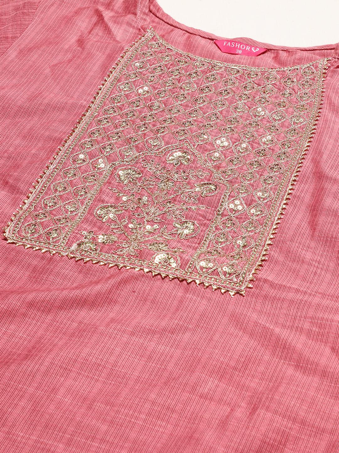 Ethnic Stripes Printed & Embroidered Straight Fit Kurta - Pink - Indiakreations