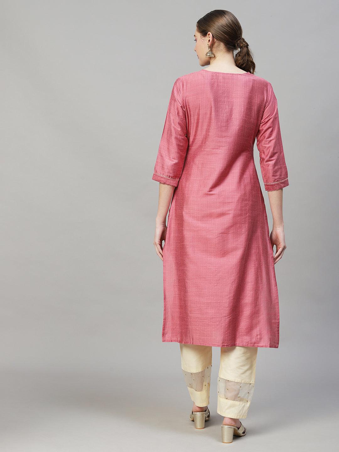 Ethnic Stripes Printed & Embroidered Straight Fit Kurta - Pink - Indiakreations