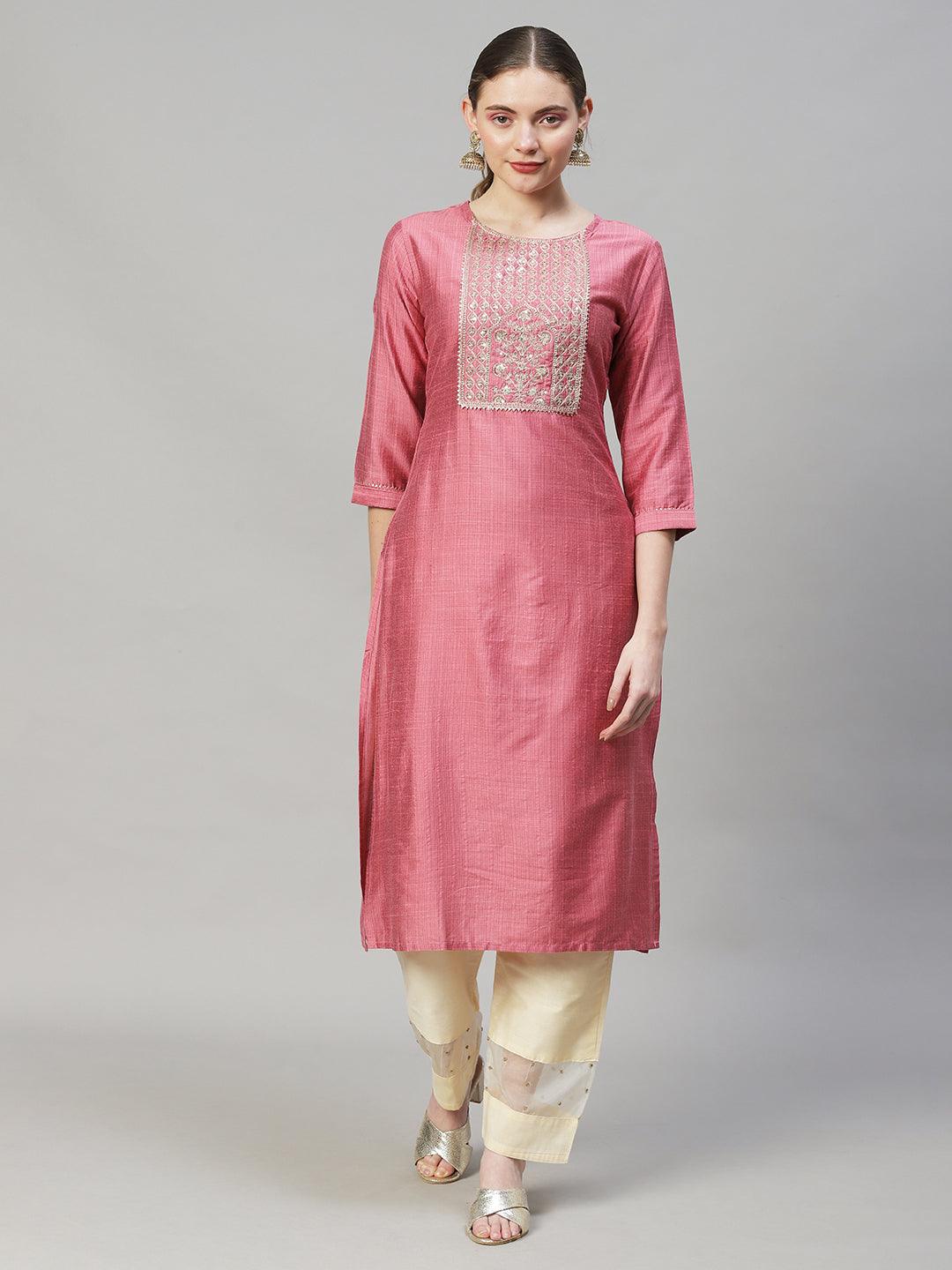 Ethnic Stripes Printed & Embroidered Straight Fit Kurta - Pink - Indiakreations