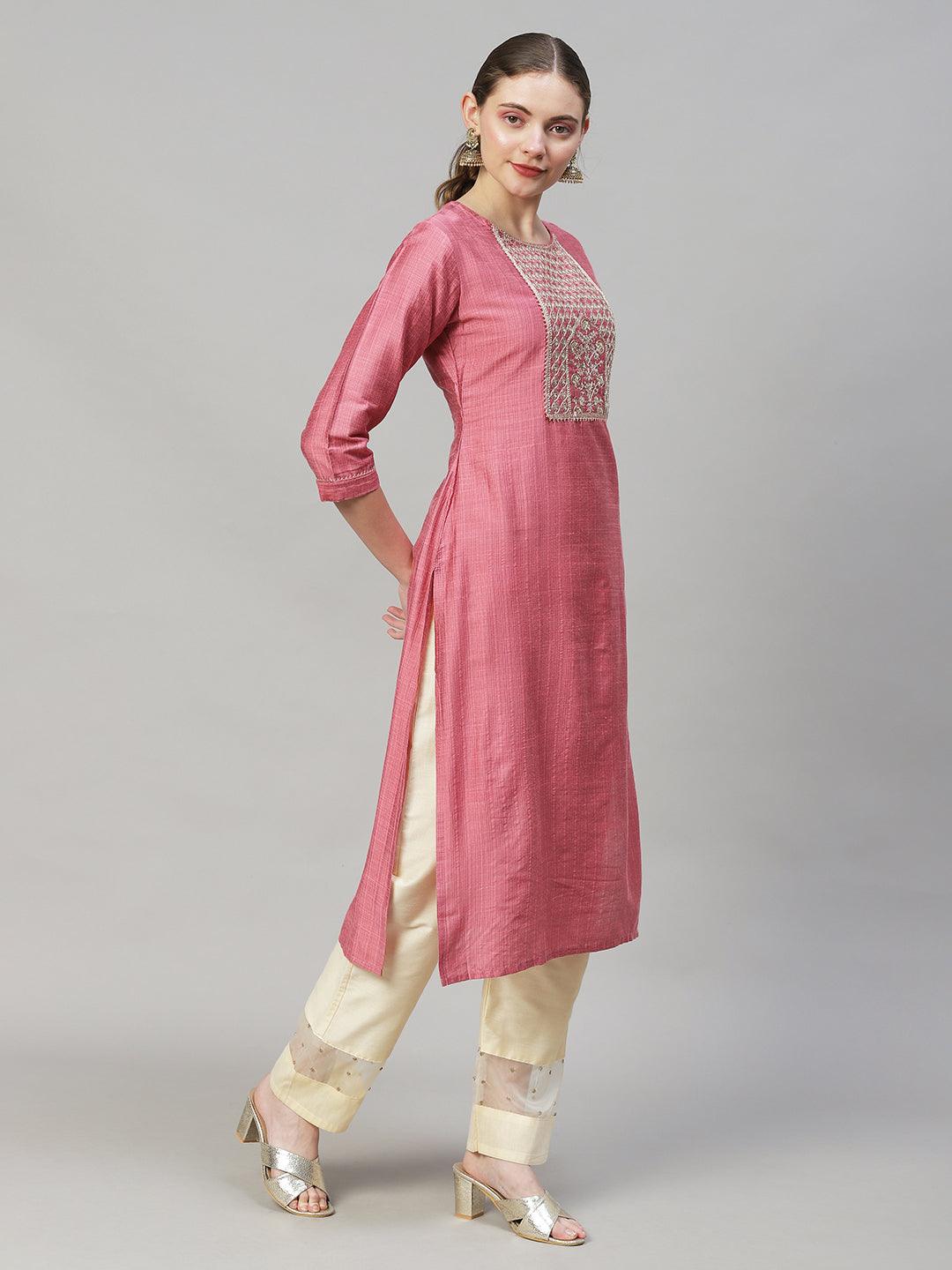 Ethnic Stripes Printed & Embroidered Straight Fit Kurta - Pink - Indiakreations