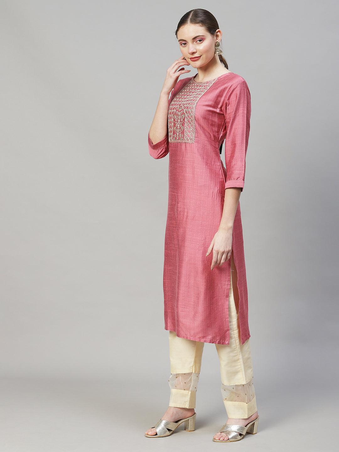 Ethnic Stripes Printed & Embroidered Straight Fit Kurta - Pink - Indiakreations