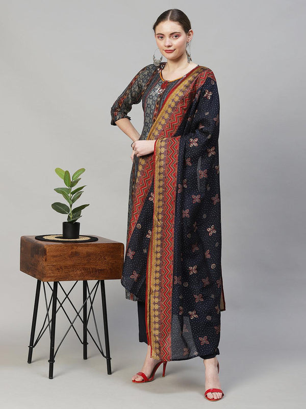 Ethnic Printed & Hand Embroidered Kurta with Pants & Dupatta - Multi - Indiakreations