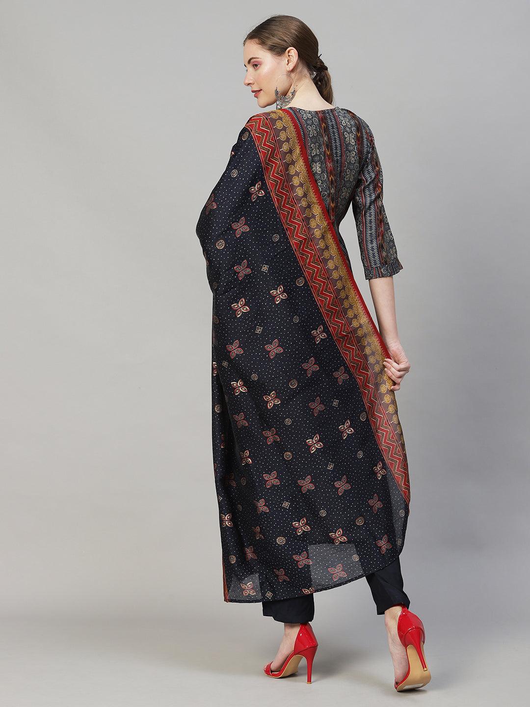 Ethnic Printed & Hand Embroidered Kurta with Pants & Dupatta - Multi - Indiakreations