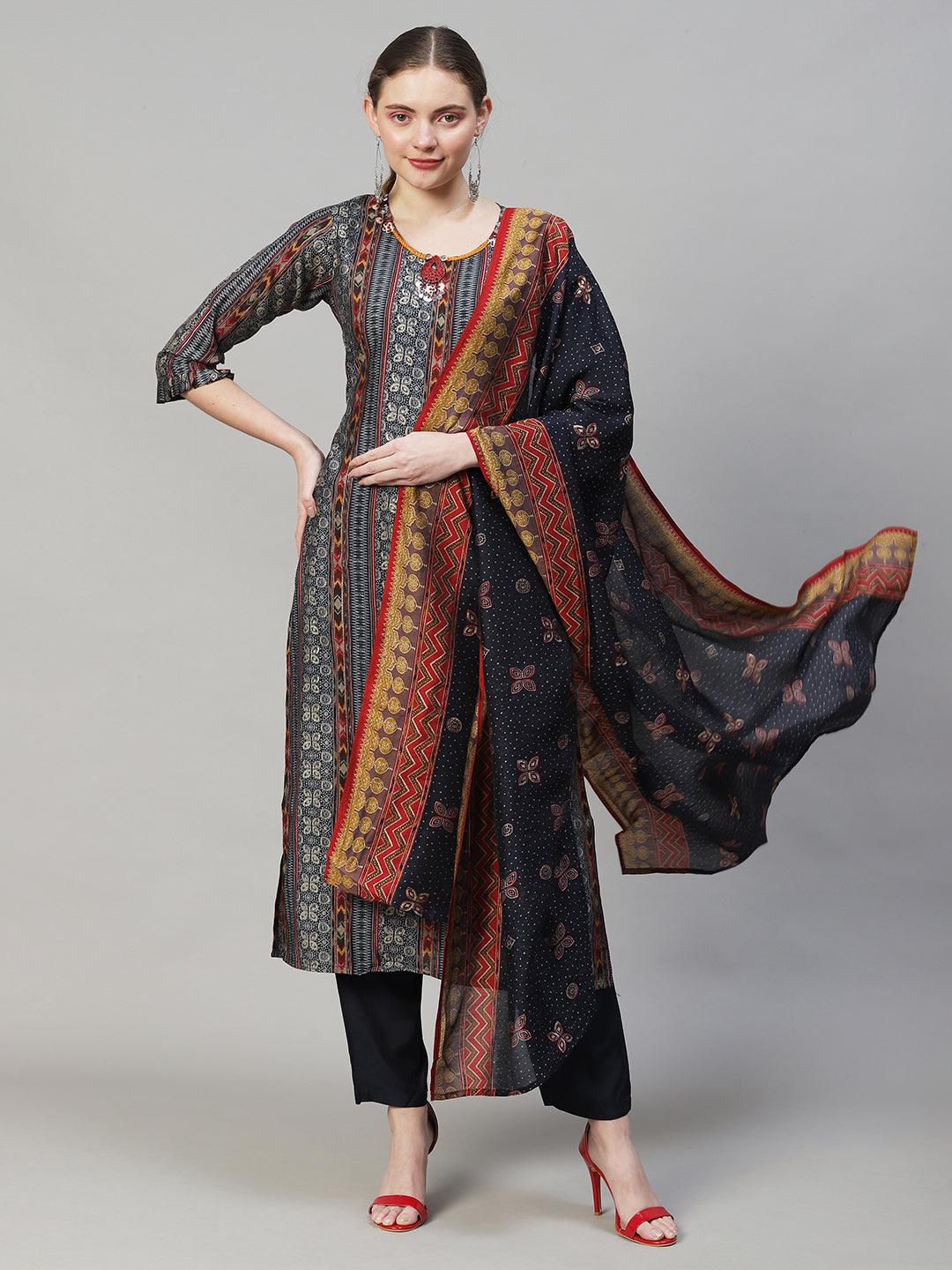 Ethnic Printed & Hand Embroidered Kurta with Pants & Dupatta - Multi - Indiakreations