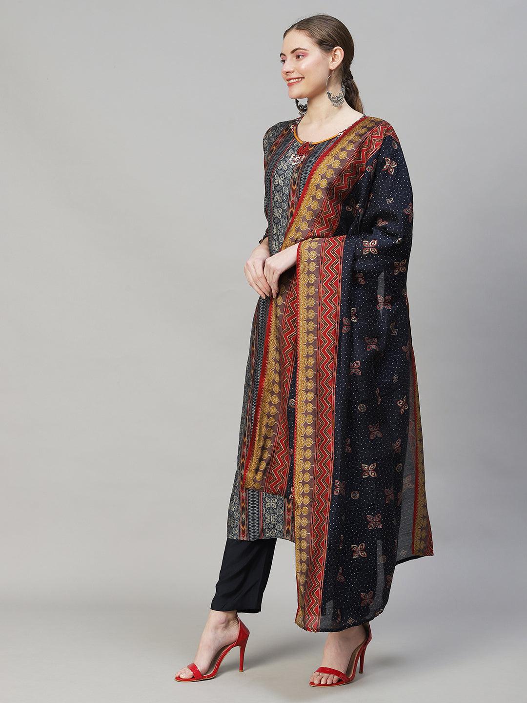 Ethnic Printed & Hand Embroidered Kurta with Pants & Dupatta - Multi - Indiakreations