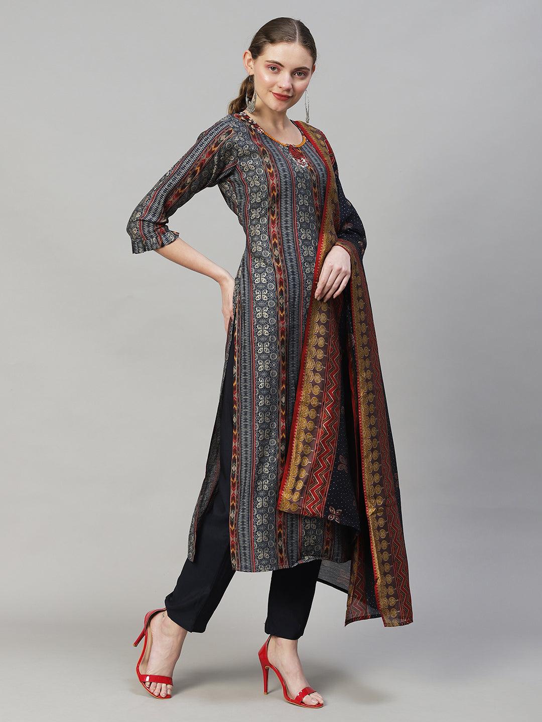 Ethnic Printed & Hand Embroidered Kurta with Pants & Dupatta - Multi - Indiakreations