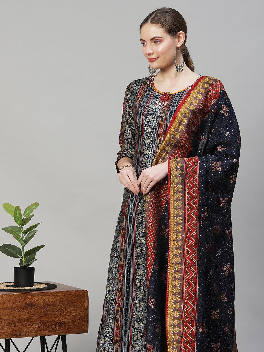 Ethnic Printed & Hand Embroidered Kurta with Pants & Dupatta - Multi - Indiakreations