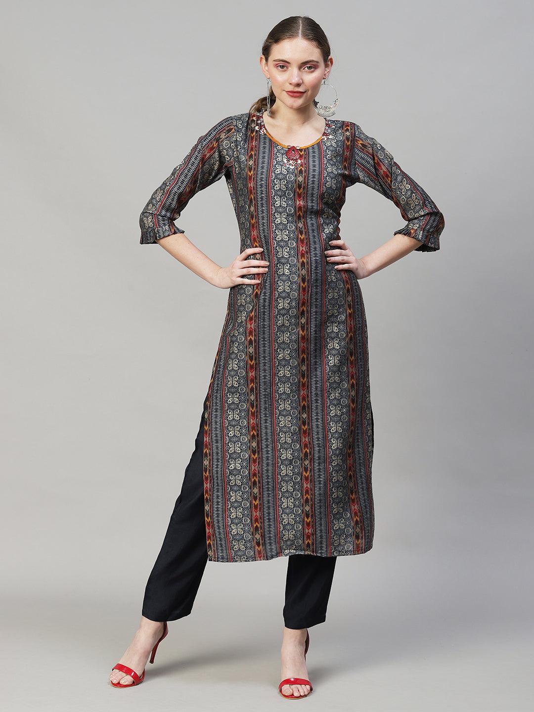 Ethnic Printed & Hand Embroidered Kurta with Pants & Dupatta - Multi - Indiakreations