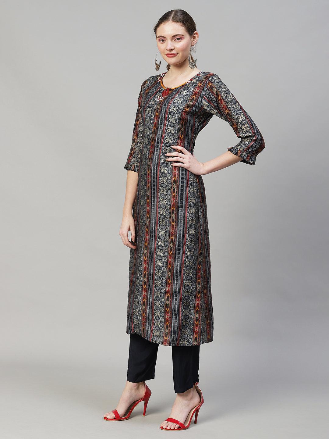 Ethnic Printed & Hand Embroidered Kurta with Pants & Dupatta - Multi - Indiakreations