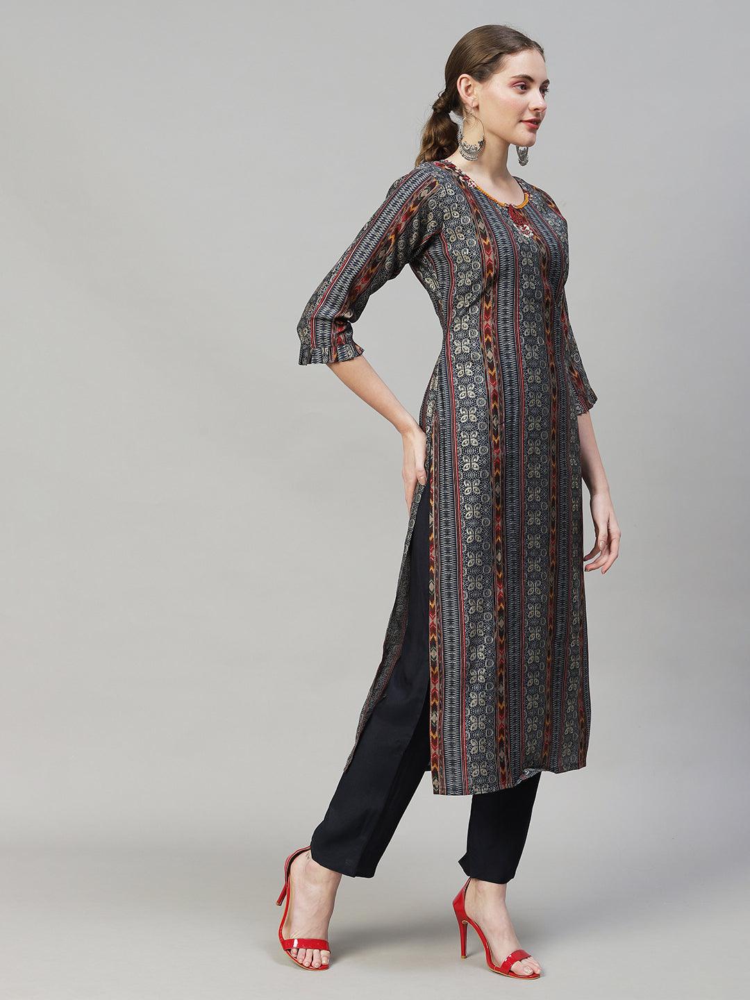 Ethnic Printed & Hand Embroidered Kurta with Pants & Dupatta - Multi - Indiakreations