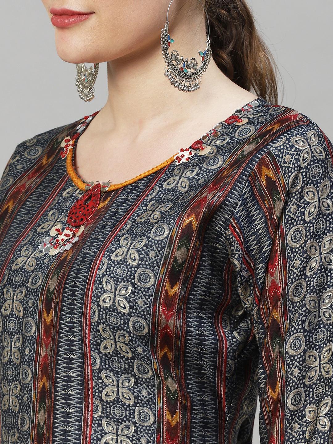 Ethnic Printed & Hand Embroidered Kurta with Pants & Dupatta - Multi - Indiakreations