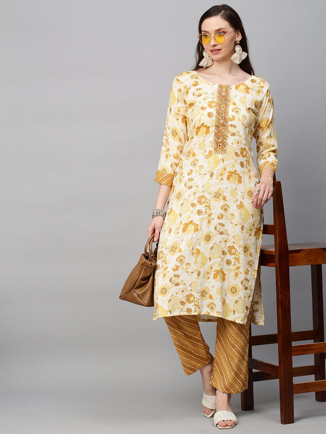 Floral Printed & Hand Embroidered Straight Fit Kurta with Pants - Off White - Indiakreations