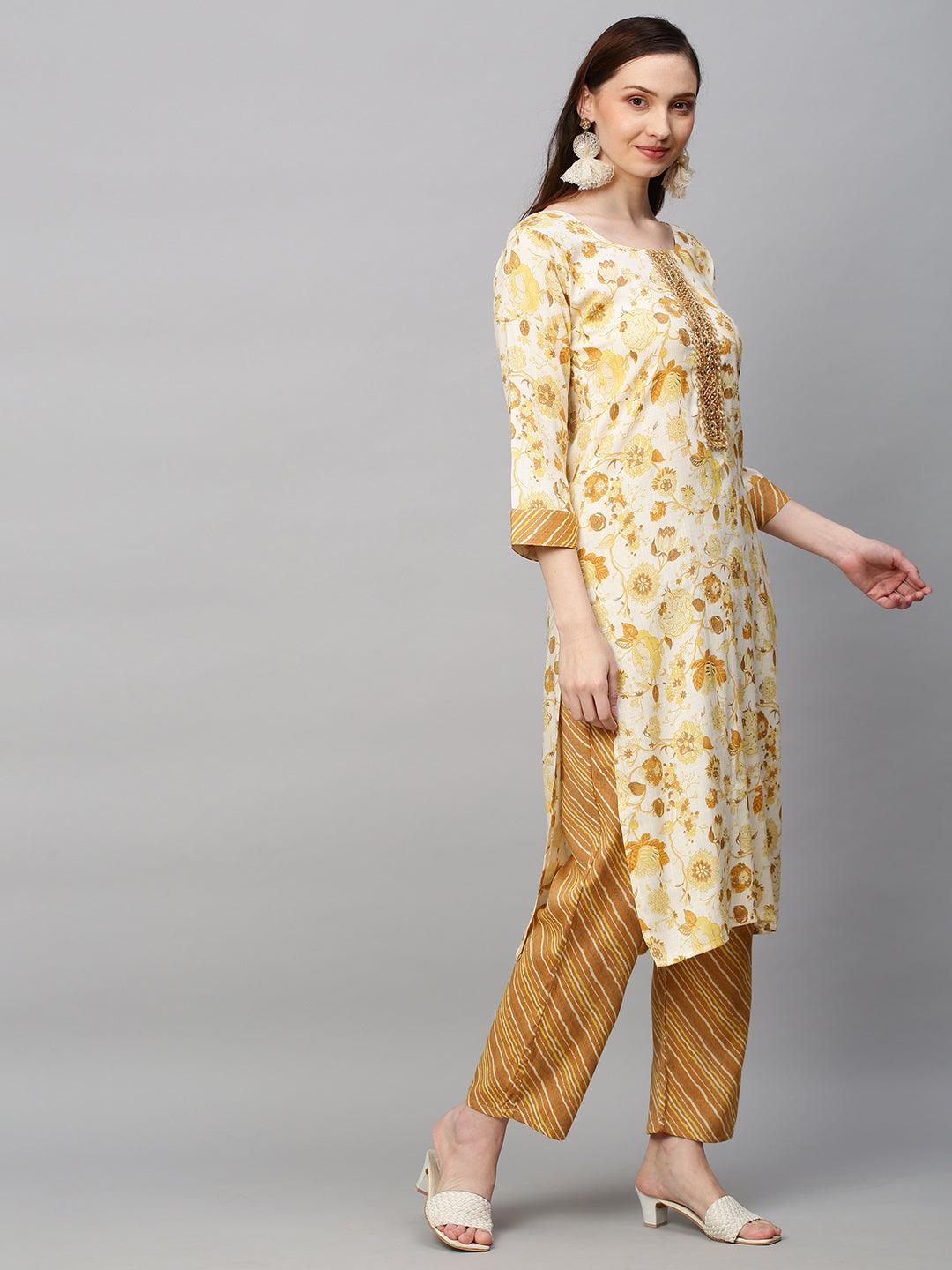 Floral Printed & Hand Embroidered Straight Fit Kurta with Pants - Off White - Indiakreations