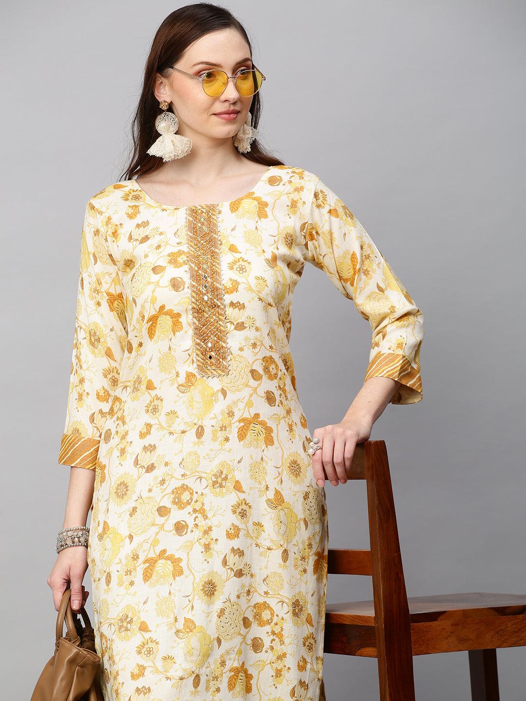 Floral Printed & Hand Embroidered Straight Fit Kurta with Pants - Off White - Indiakreations