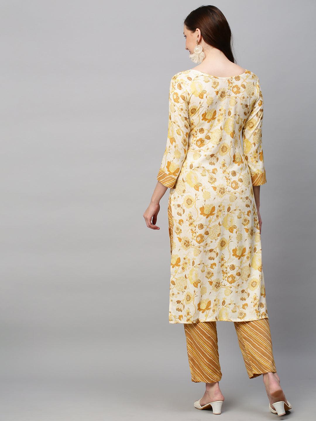 Floral Printed & Hand Embroidered Straight Fit Kurta with Pants - Off White - Indiakreations