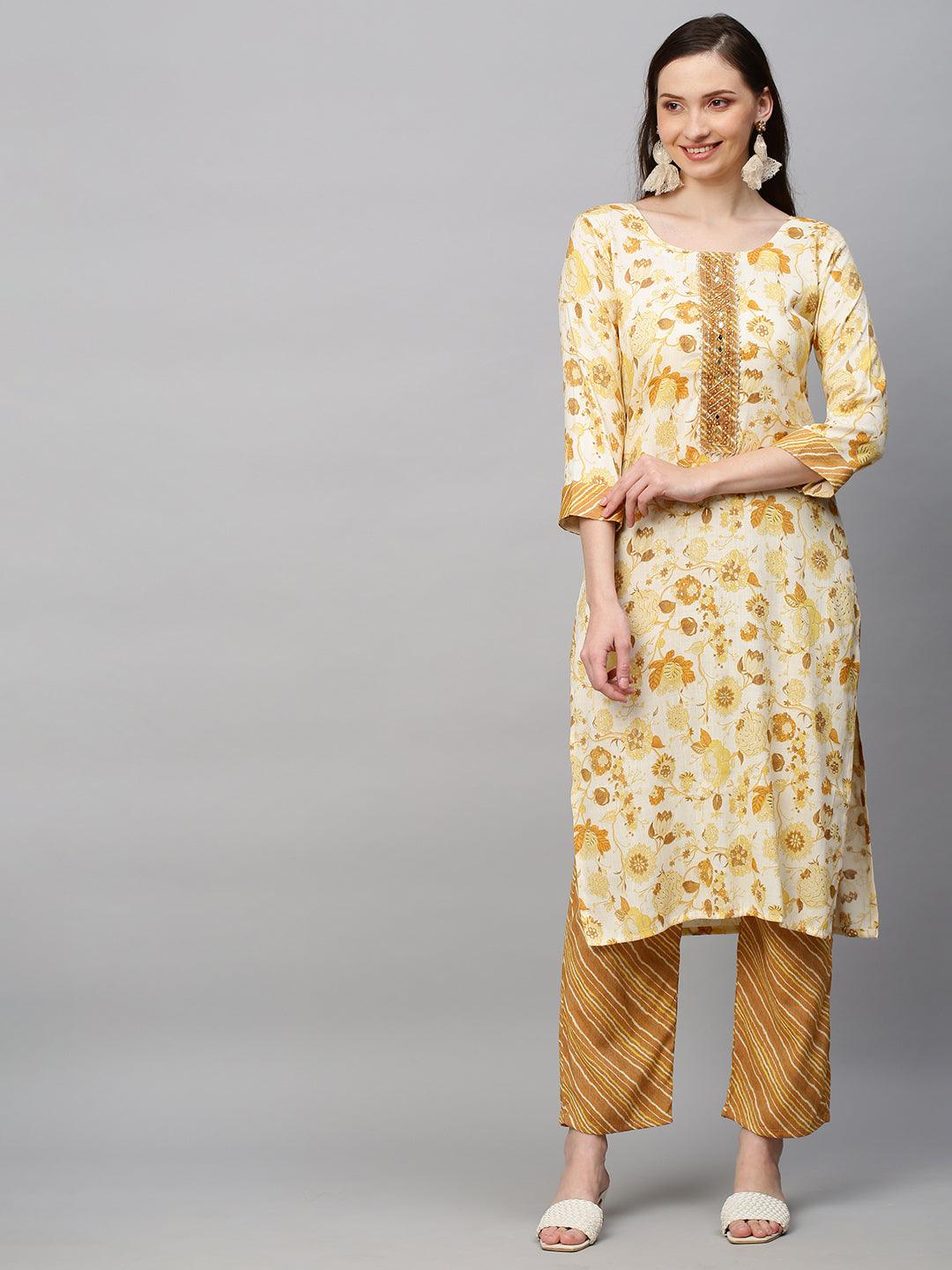 Floral Printed & Hand Embroidered Straight Fit Kurta with Pants - Off White - Indiakreations