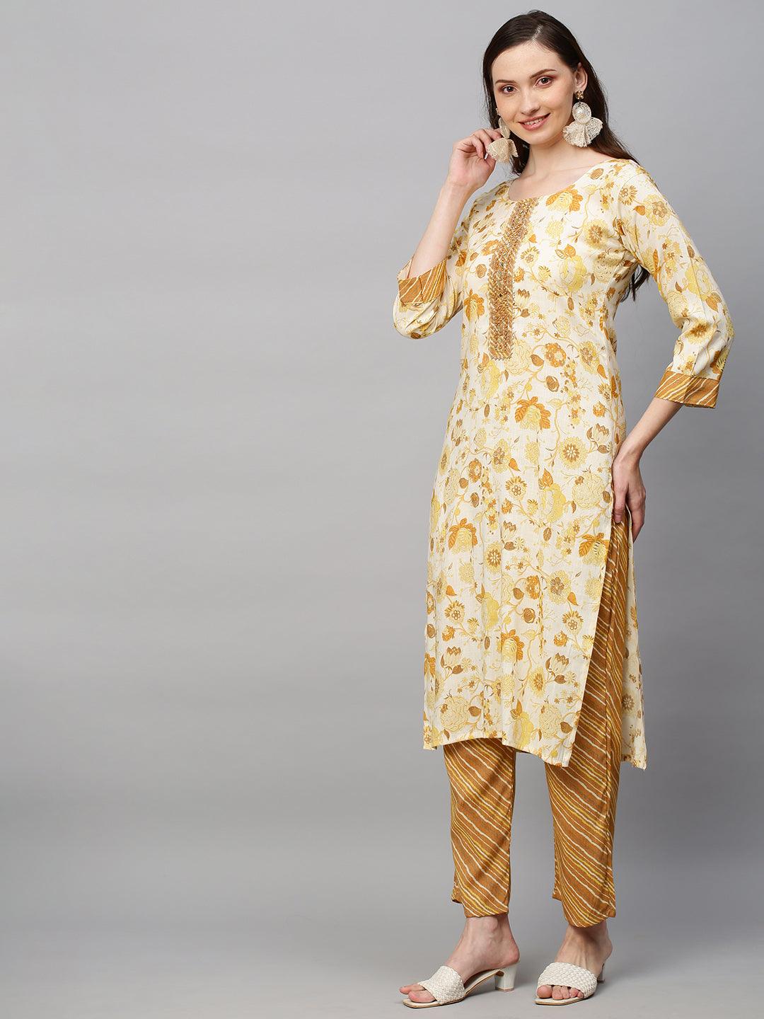 Floral Printed & Hand Embroidered Straight Fit Kurta with Pants - Off White - Indiakreations