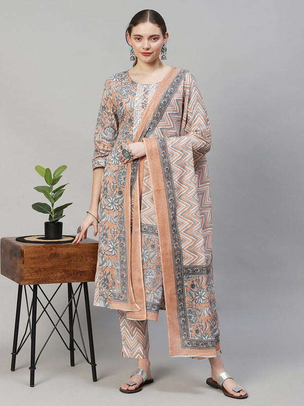 Floral Printed & Embroidered Straight Fit Kurta with Pants & Dupatta - Peach - Indiakreations