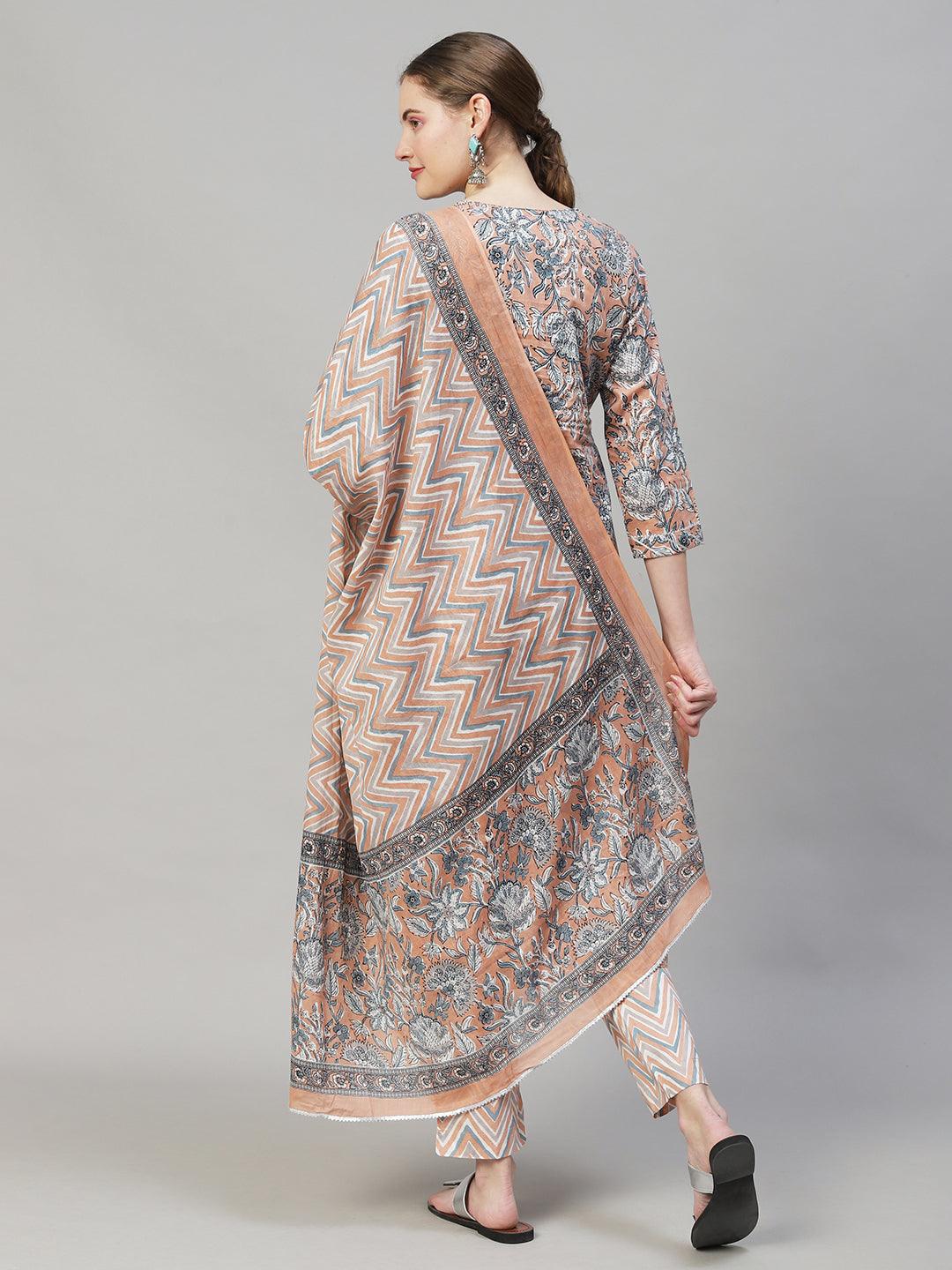 Floral Printed & Embroidered Straight Fit Kurta with Pants & Dupatta - Peach - Indiakreations