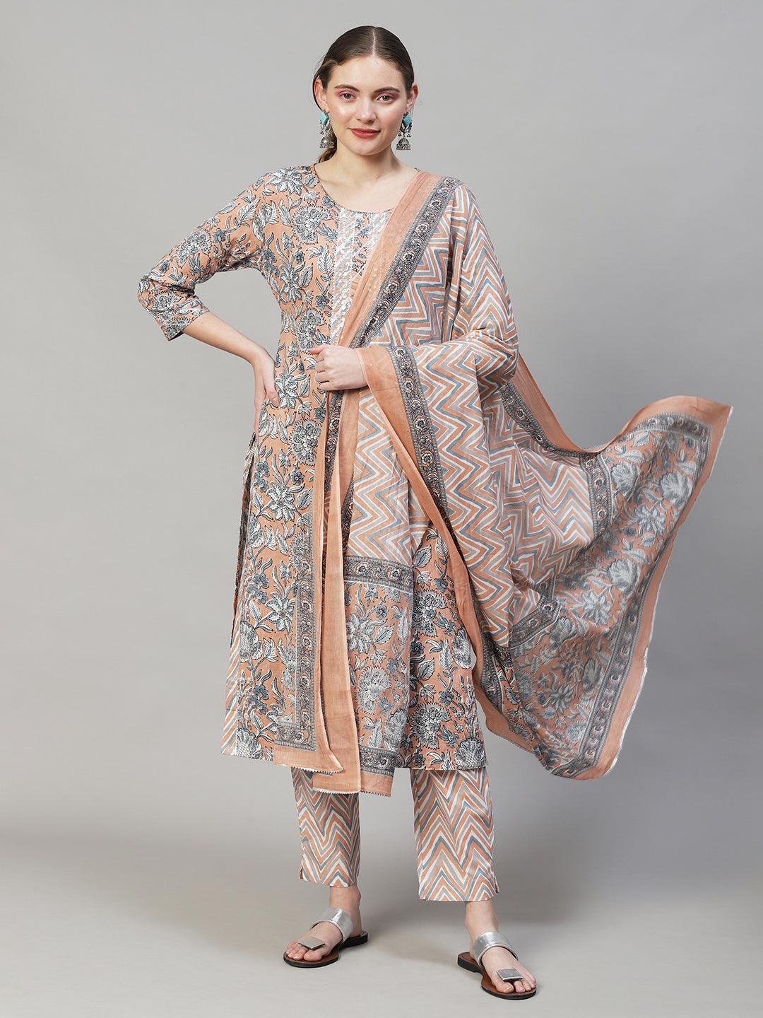 Floral Printed & Embroidered Straight Fit Kurta with Pants & Dupatta - Peach - Indiakreations