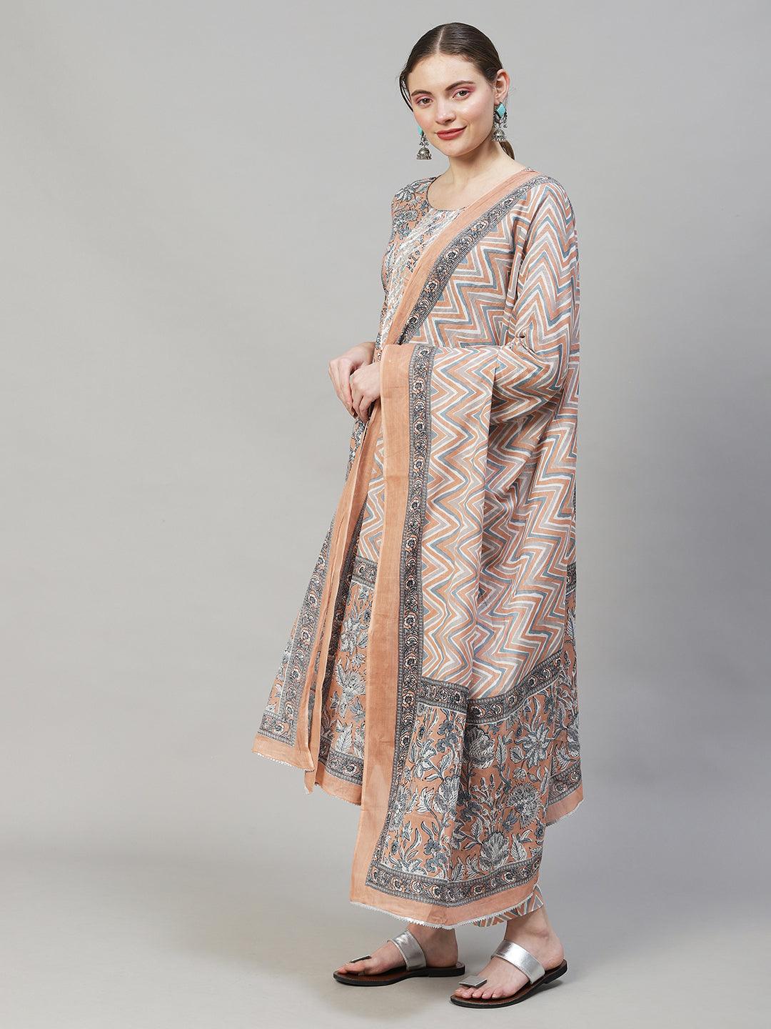 Floral Printed & Embroidered Straight Fit Kurta with Pants & Dupatta - Peach - Indiakreations