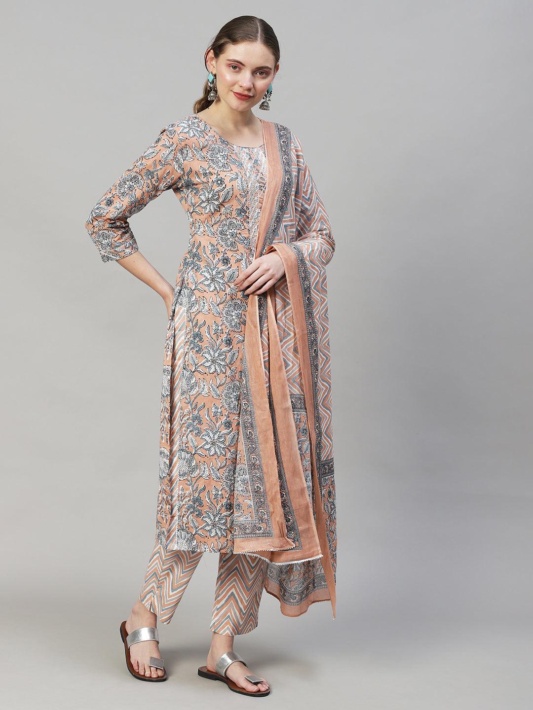 Floral Printed & Embroidered Straight Fit Kurta with Pants & Dupatta - Peach - Indiakreations