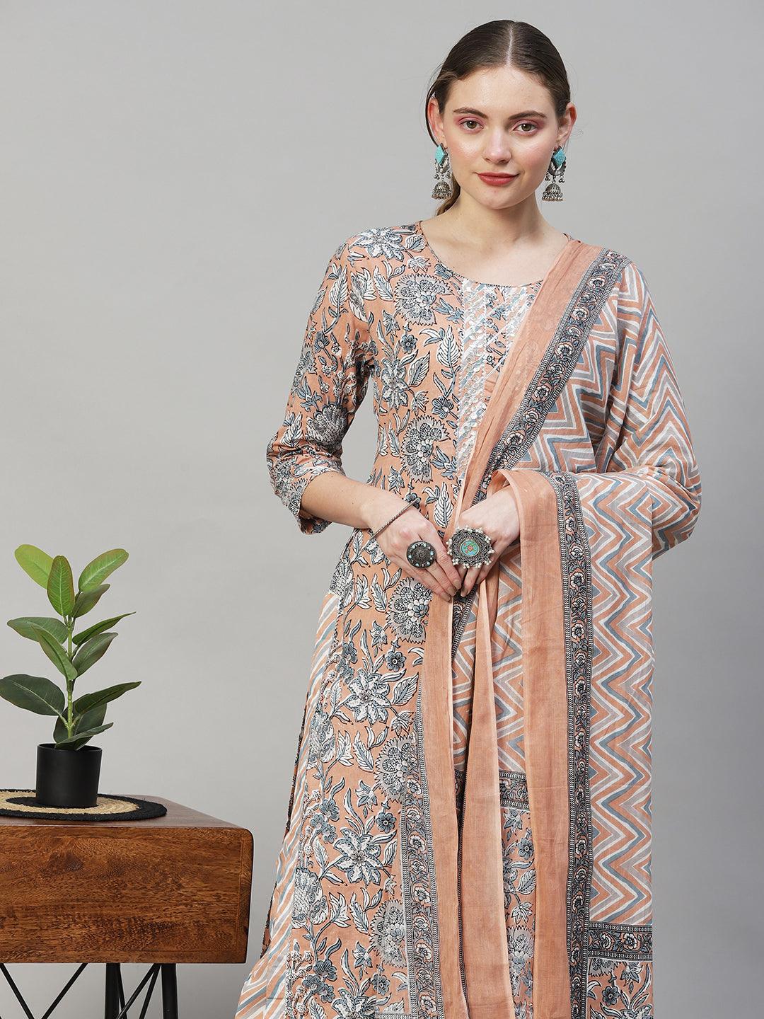 Floral Printed & Embroidered Straight Fit Kurta with Pants & Dupatta - Peach - Indiakreations