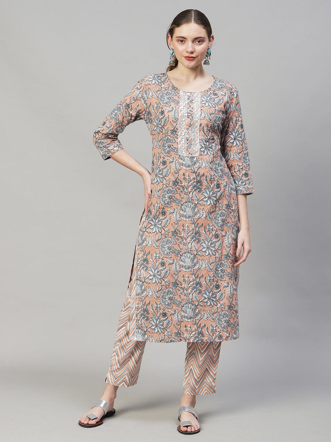 Floral Printed & Embroidered Straight Fit Kurta with Pants & Dupatta - Peach - Indiakreations