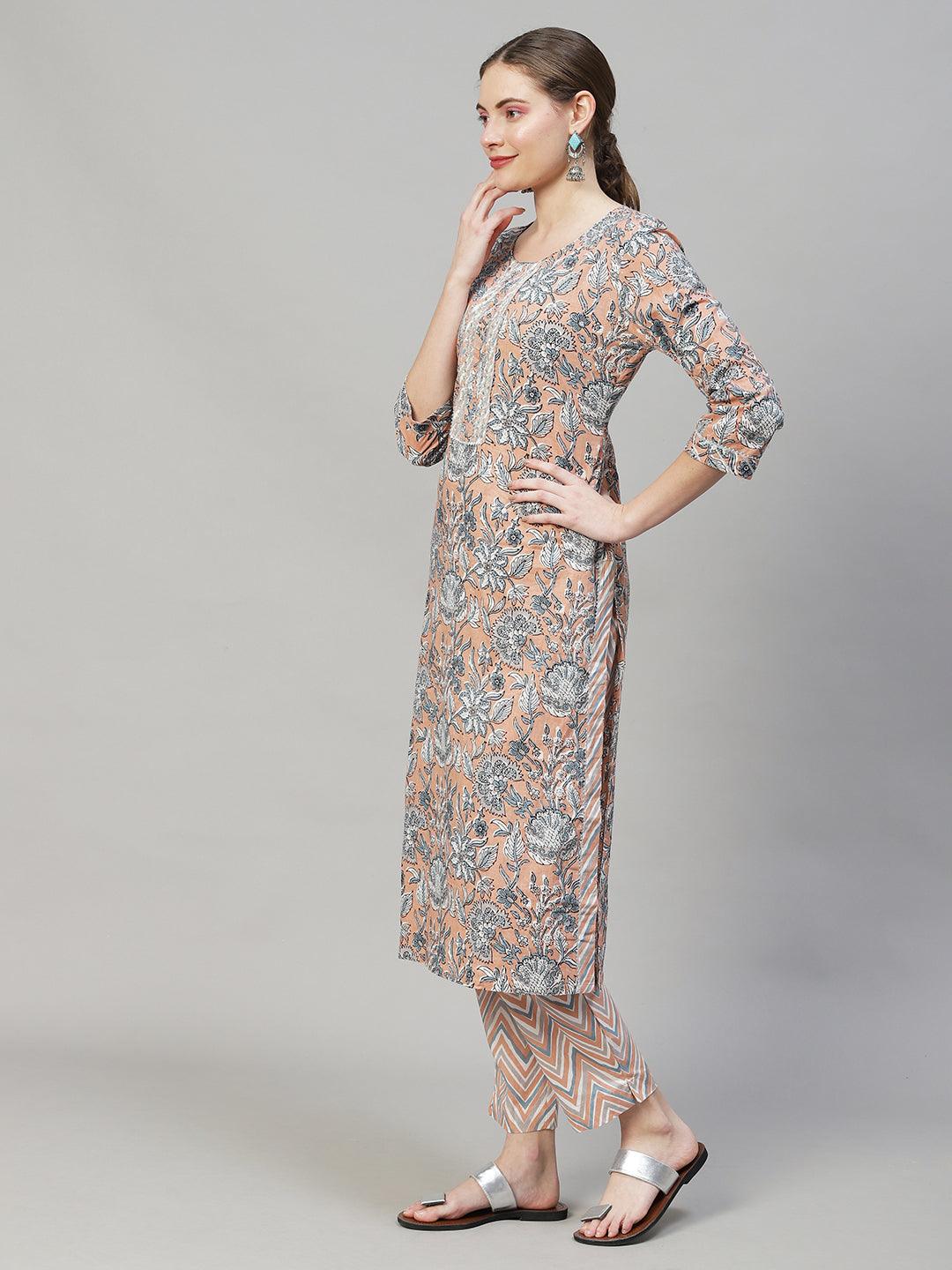 Floral Printed & Embroidered Straight Fit Kurta with Pants & Dupatta - Peach - Indiakreations