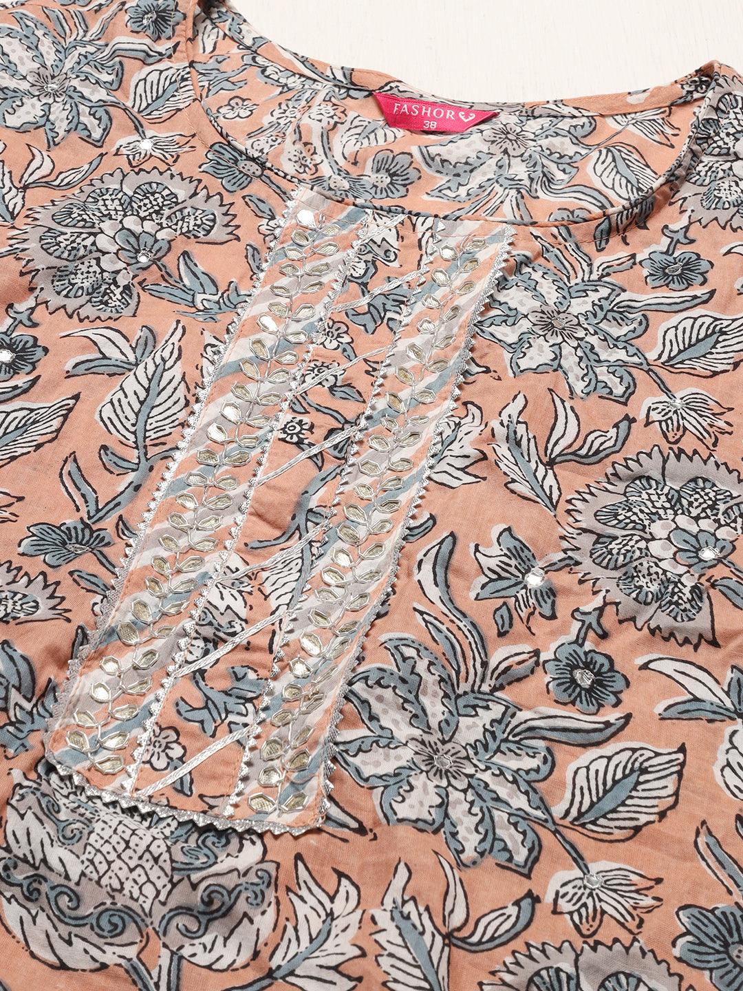 Floral Printed & Embroidered Straight Fit Kurta with Pants & Dupatta - Peach - Indiakreations