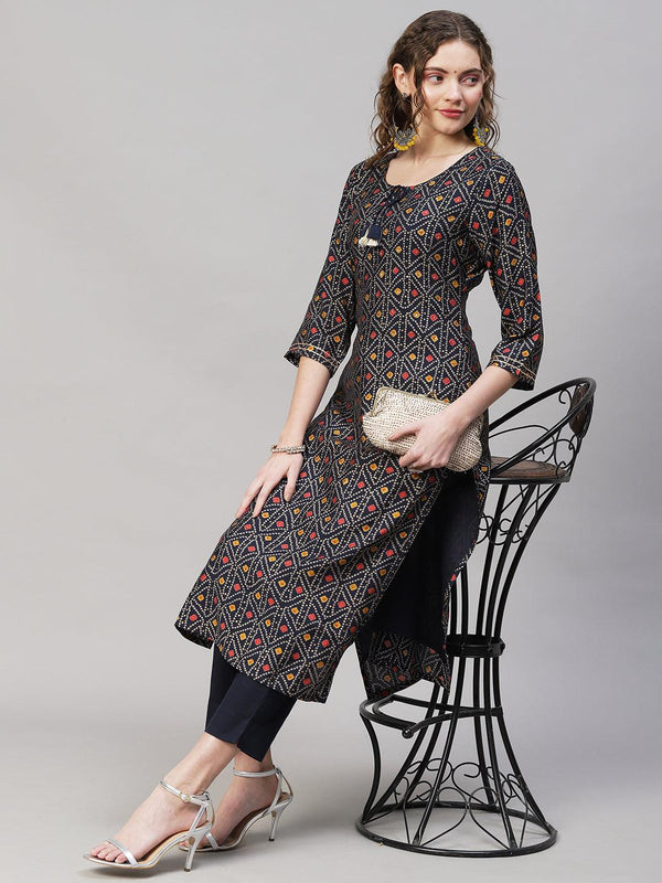 Bandhani Printed Straight Fit Kurta with Pants - Navy Blue - Indiakreations