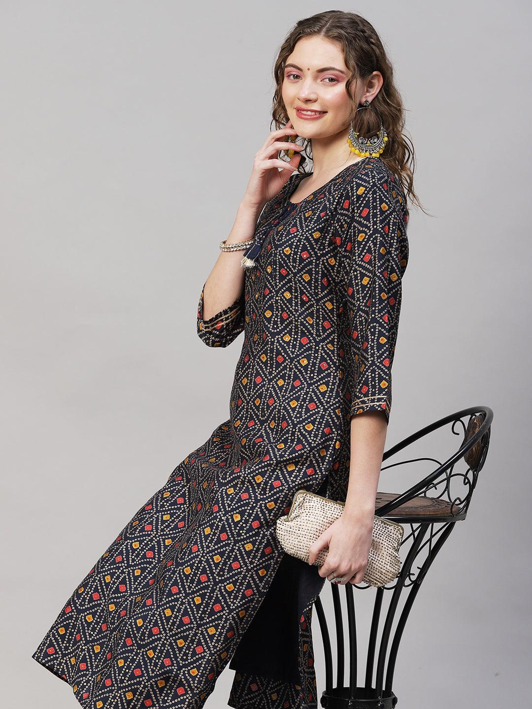 Bandhani Printed Straight Fit Kurta with Pants - Navy Blue - Indiakreations