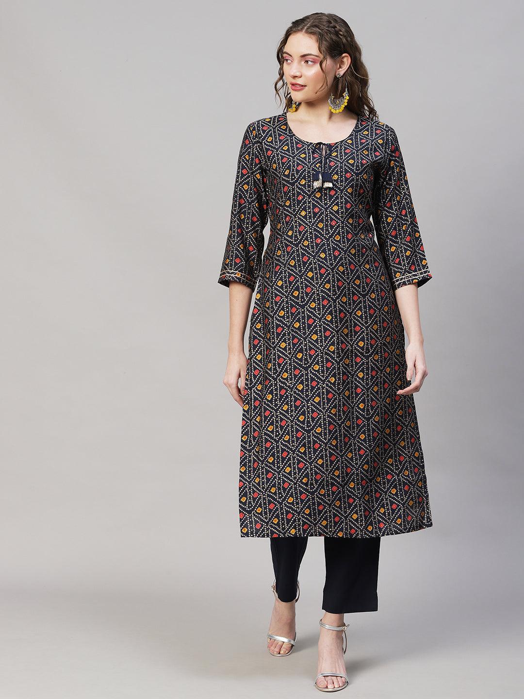 Bandhani Printed Straight Fit Kurta with Pants - Navy Blue - Indiakreations