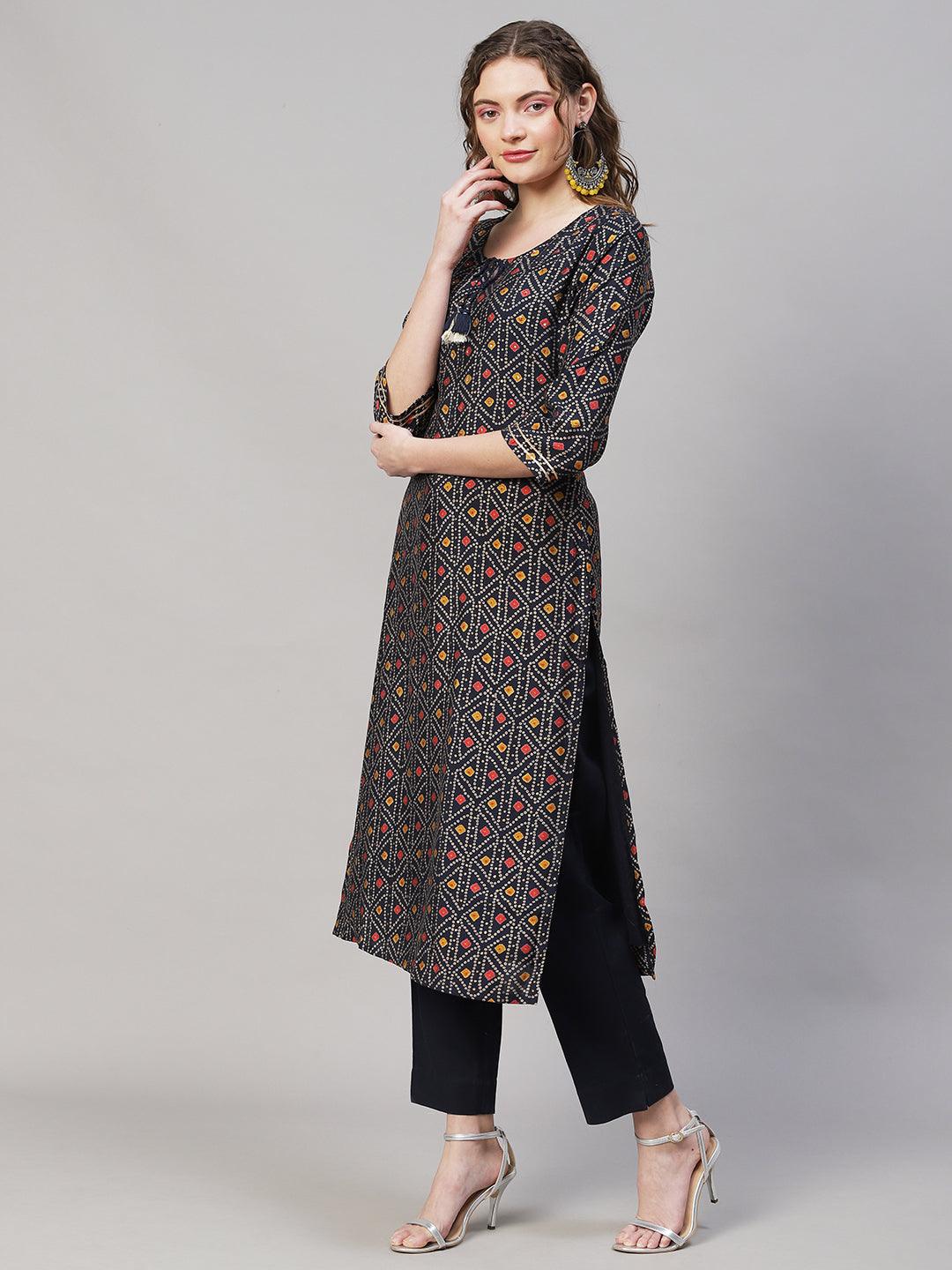 Bandhani Printed Straight Fit Kurta with Pants - Navy Blue - Indiakreations