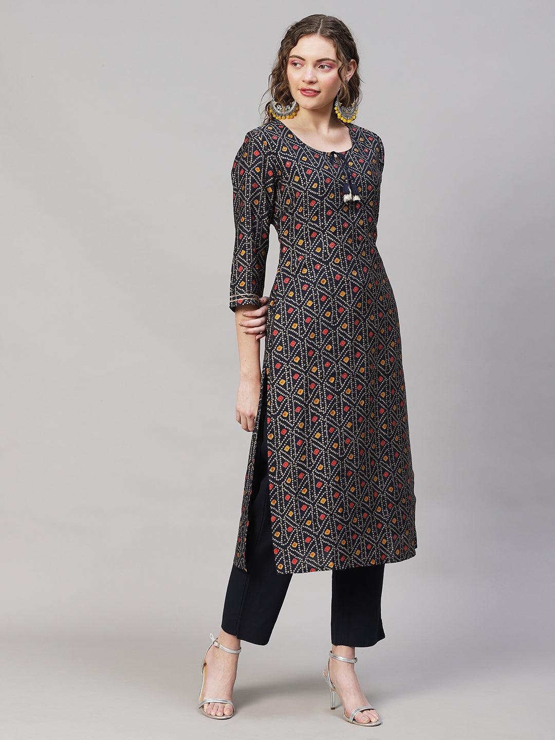 Bandhani Printed Straight Fit Kurta with Pants - Navy Blue - Indiakreations