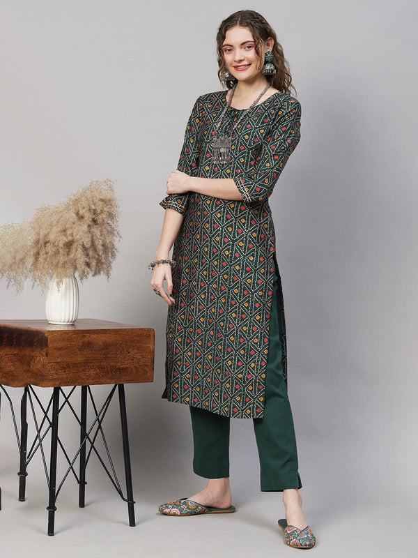 Bandhani Printed Straight Fit Kurta with Pants - Dark Green - Indiakreations