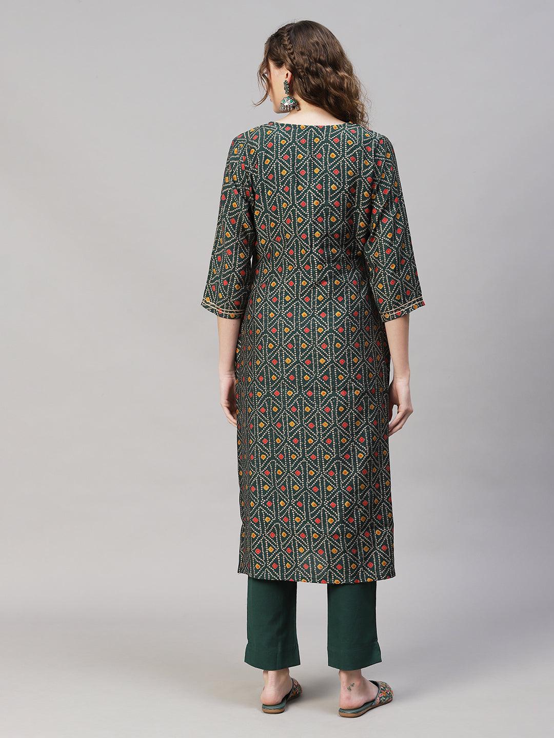 Bandhani Printed Straight Fit Kurta with Pants - Dark Green - Indiakreations