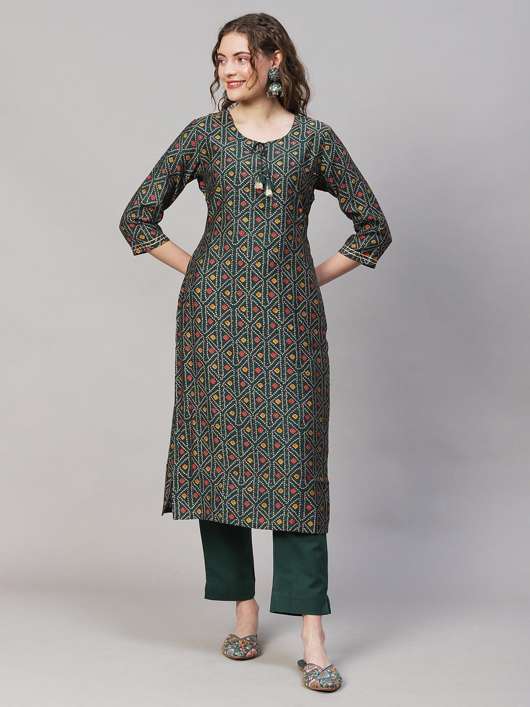 Bandhani Printed Straight Fit Kurta with Pants - Dark Green - Indiakreations