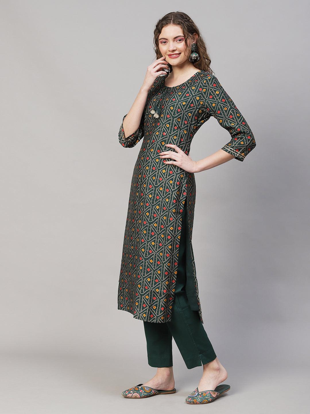 Bandhani Printed Straight Fit Kurta with Pants - Dark Green - Indiakreations