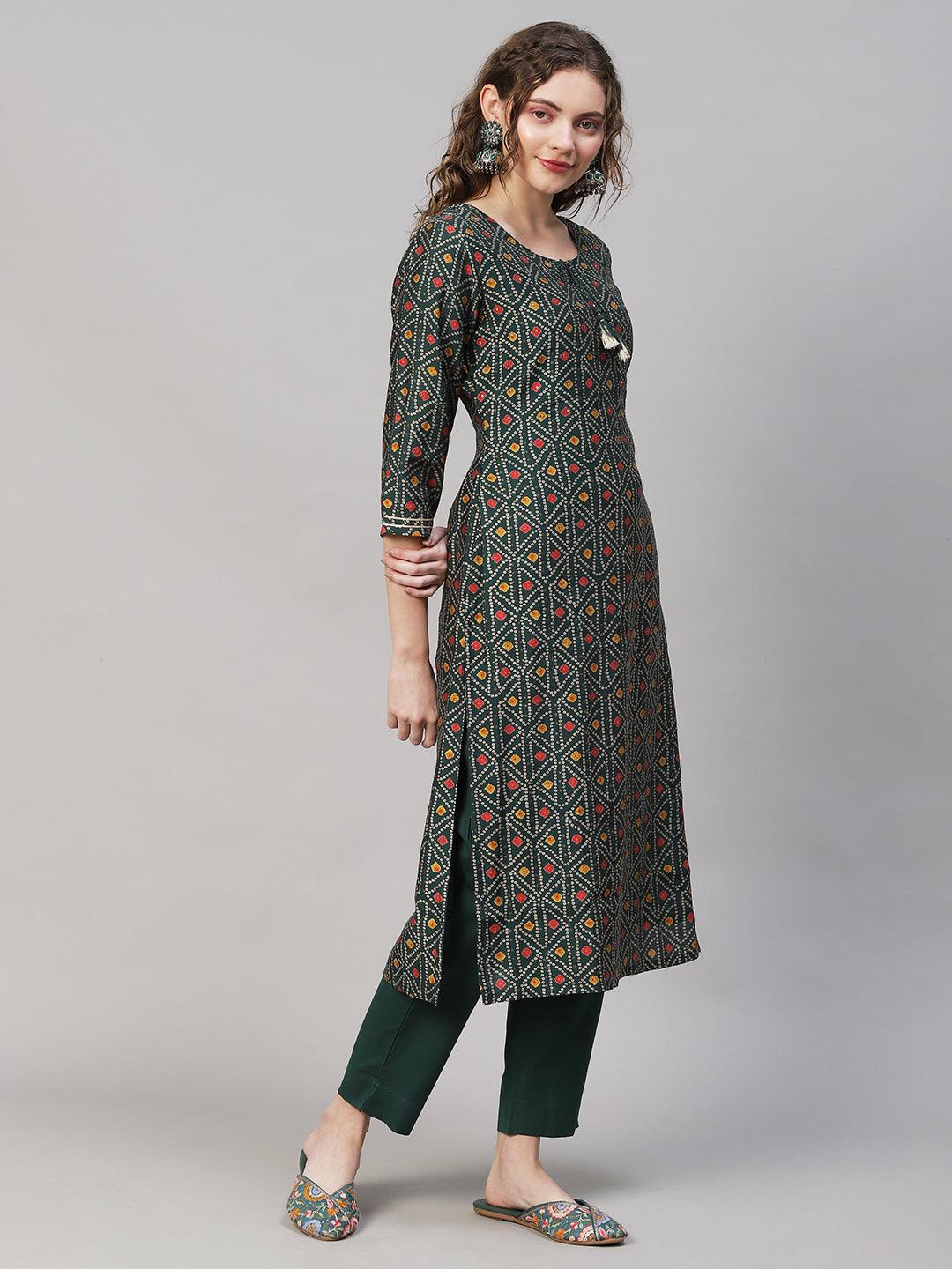 Bandhani Printed Straight Fit Kurta with Pants - Dark Green - Indiakreations