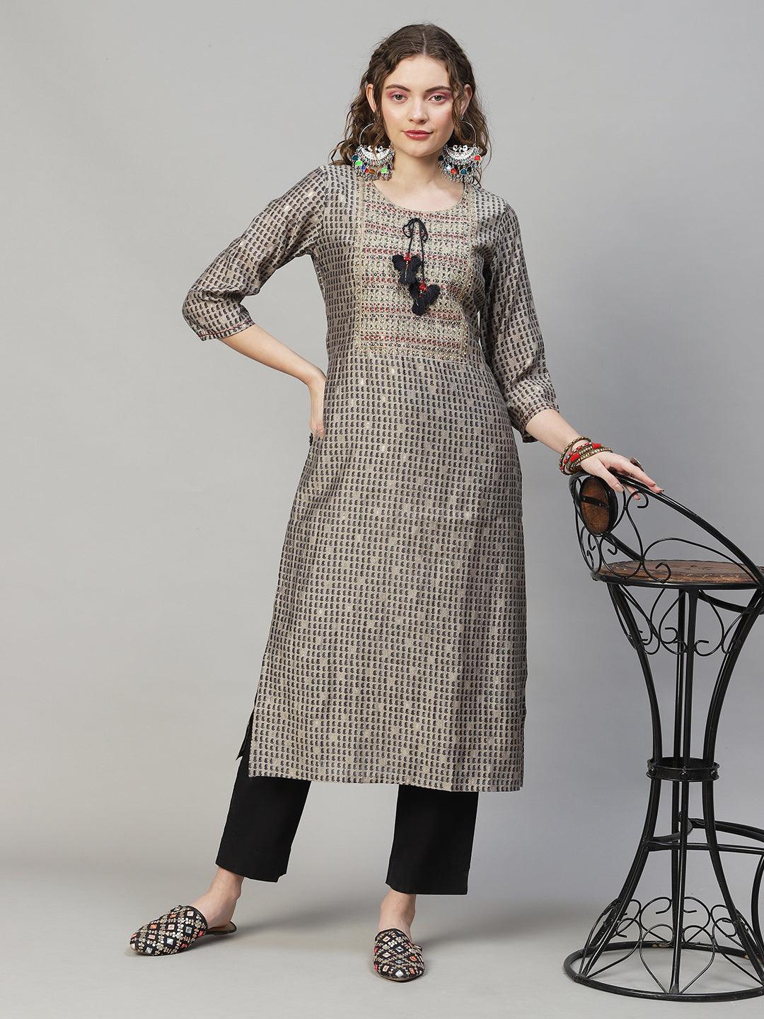 Ethnic Printed & Embroidered Straight Fit Kurta with Pants - Taupe - Indiakreations