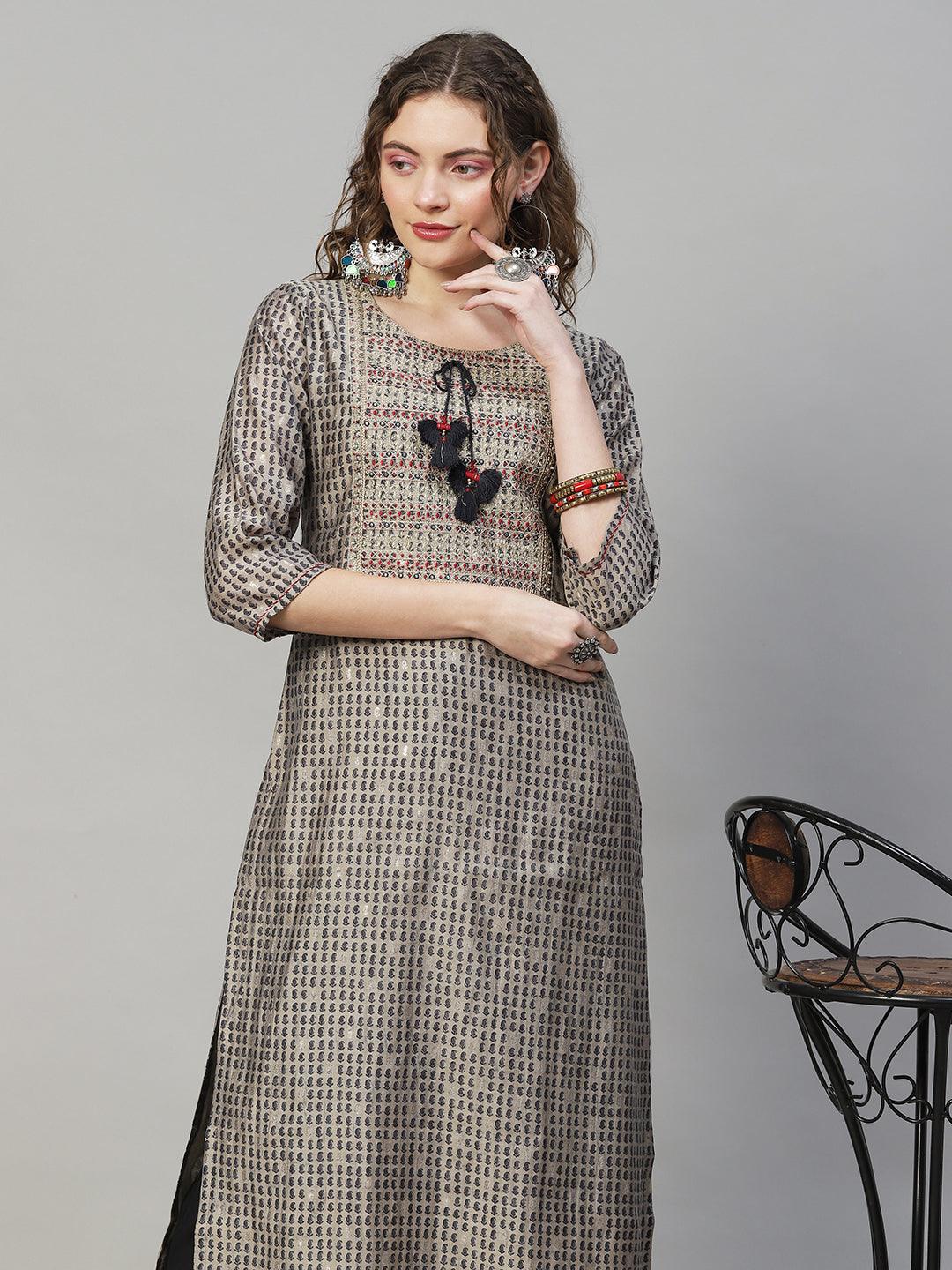 Ethnic Printed & Embroidered Straight Fit Kurta with Pants - Taupe - Indiakreations