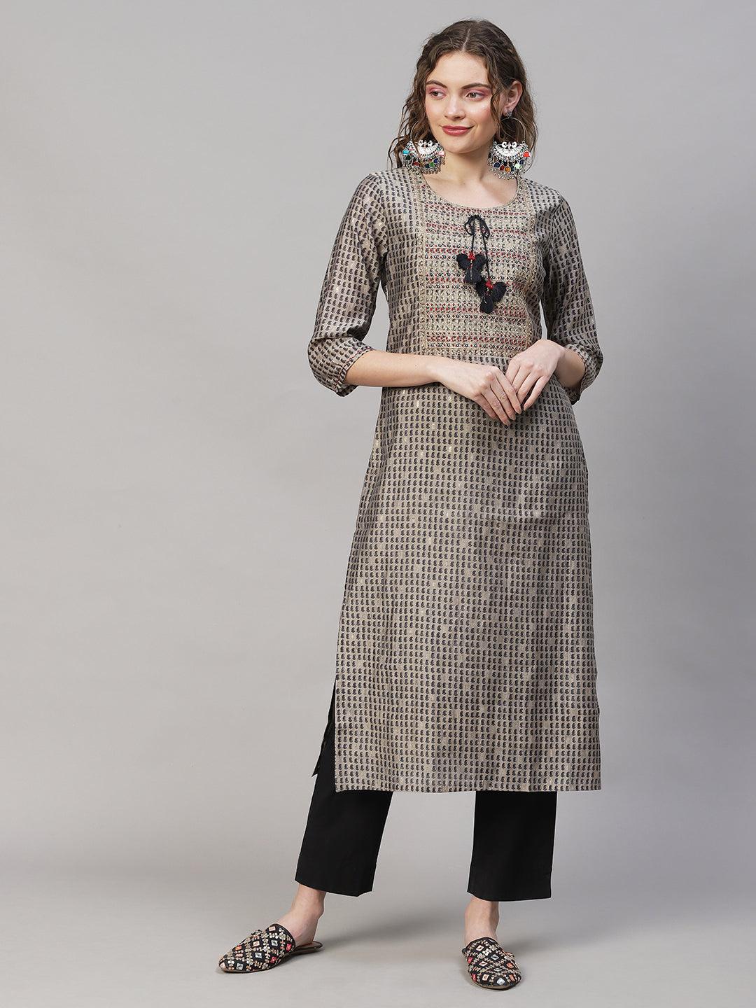 Ethnic Printed & Embroidered Straight Fit Kurta with Pants - Taupe - Indiakreations